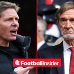 Oliver Glasner on the sidelines at Crystal Palace, with Jim Ratcliffe in the stands at Man United