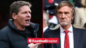 Oliver Glasner on the sidelines at Crystal Palace, with Jim Ratcliffe in the stands at Man United
