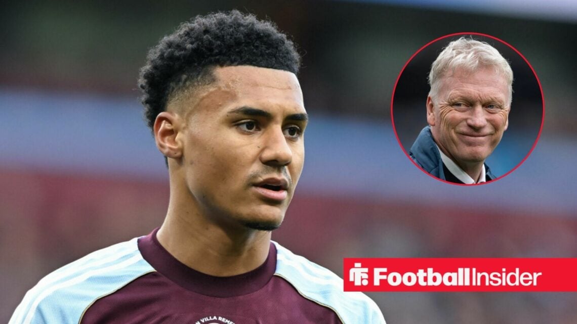 Ollie Watkins in action for Aston Villa, with David Moyes in a circular inset