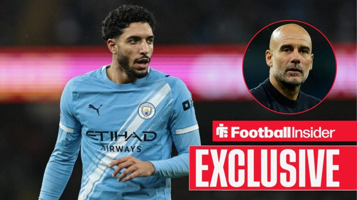 Football Insider exclusive as Omar Marmoush is in action during a game for Manchester City, while manager Pep Guardiola looks concerned in a circul...
