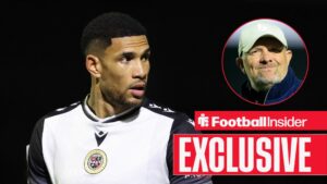 Omar Sowunmi in action for Bromley, with Andy Woodman in a circular inset