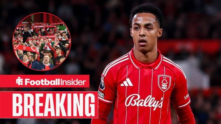 Omari Hutchinson in action during a game for Nottingham Forest, as fans hold scarves aloft in a circular inset.