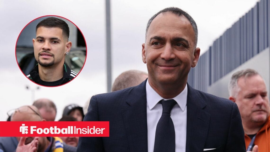 Paraag Marathe outside Elland Road, with Bruno Guimaraes in a circular inset