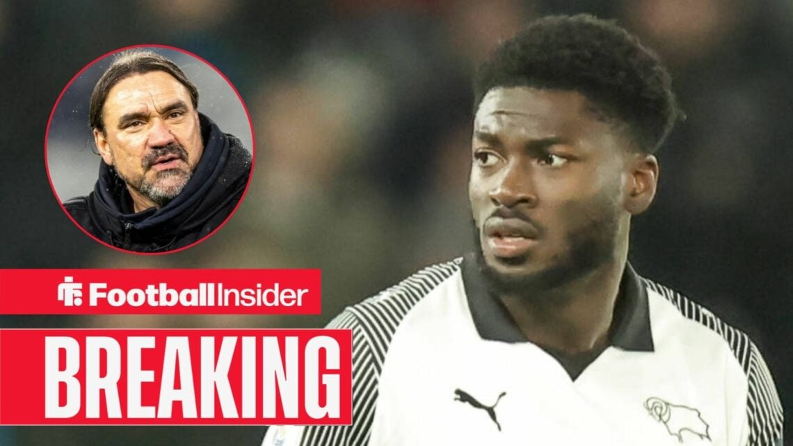 Patrick Agyemang in action for Derby County, with Daniel Farke in a circular inset