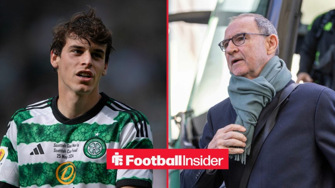 Paulo Bernardo in action during a game for Celtic, as interim manager Martin O'Neill steps off the team bus on the other side of a split image.