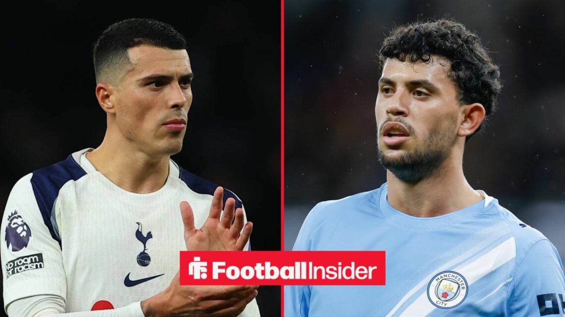 Tottenham defender Pedro Porro applauds after a game, as Matheus Nunes is in action on the other side of a split image.