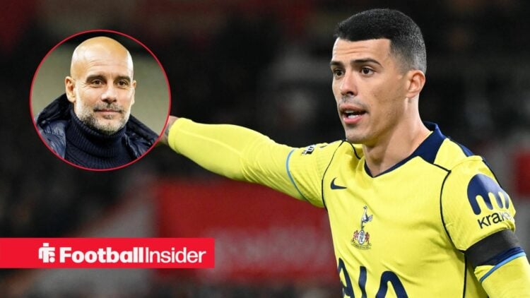 Tottenham defender Pedro Porro points during a game, as Manchester City manager Pep Guardiola smiles in a circular inset.