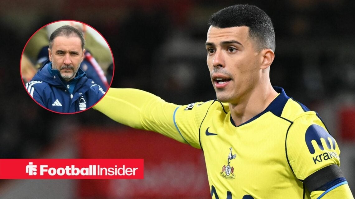 Tottenham defender Pedro Porro points during a game, as Nottingham Forest manager Vitor Pereira watches in a circular inset.
