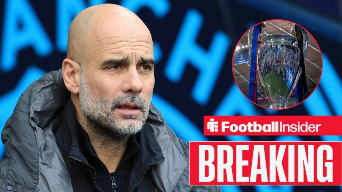 Manchester City manager Pep Guardiola looks on in despair as the Champions League trophy features in a circular inset.