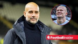 Pep Guardiola with Erling Haaland included in a circular inset