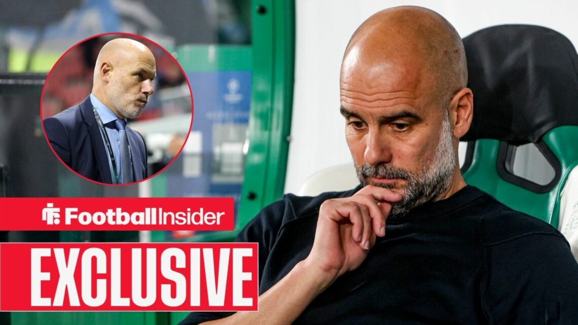 Pep Guardiola in the Man City dugout / PGMOL chief Howard Webb in a circular inset