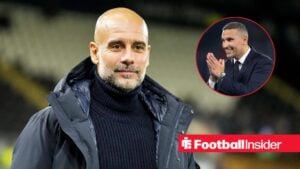 Pep Guardiola with Khaldoon Al Mubarak included in a circular inset