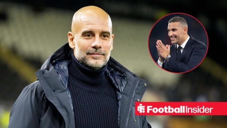 Pep Guardiola with Khaldoon Al Mubarak included in a circular inset