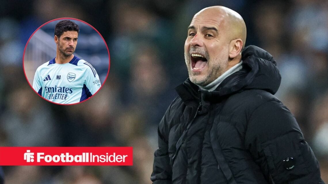 Manchester City manager Pep Guardiola shouting on the sidelines / Arsenal s manager Mikel Arteta during an open training session at Philadelphia Un...