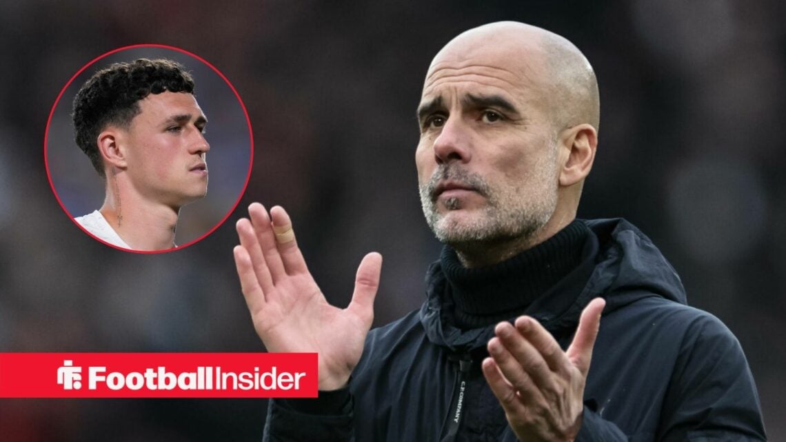 Pep Guardiola on the sidelines at Man City, with Phil Foden in a circular inset