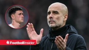 Pep Guardiola on the sidelines at Man City, with Phil Foden in a circular inset