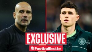 Football Insider exclusive as Manchester City manager Pep Guardiola looks blankly across a split image towards Phil Foden.