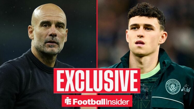 Football Insider exclusive as Manchester City manager Pep Guardiola looks blankly across a split image towards Phil Foden.