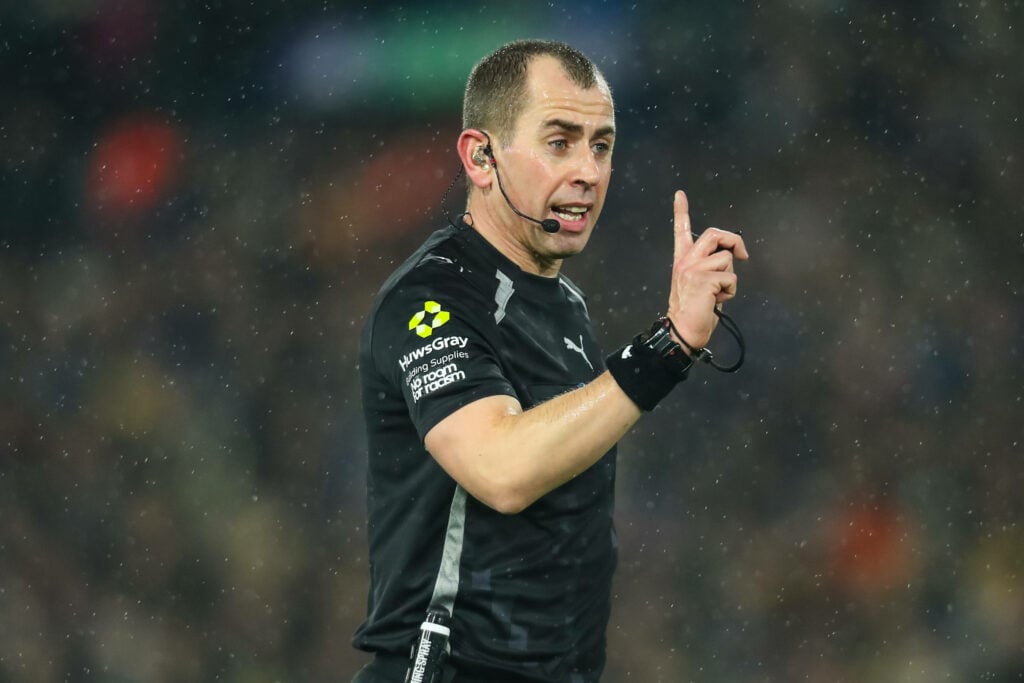 Premier League Referee Peter Bankes gestures during the Leeds United v Nottingham Forest Premier League match at Elland Road, Leeds, England on 6 February 2026