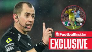 Referee Peter Bankes gestures during the Leeds United v Nottingham Forest Premier League match at Elland Road, Leeds, England on 6 February 2026 / Kepa Arrizabalaga clashes with Jeremy Doku in the Carabao Cup final on 22 March, 2026