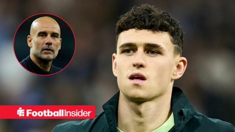 Phil Foden pre-match for Man City, with Pep Guardiola in a circular inset