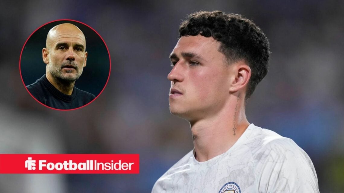 Phil Foden in action for Man City, with Pep Guardiola in a circular inset