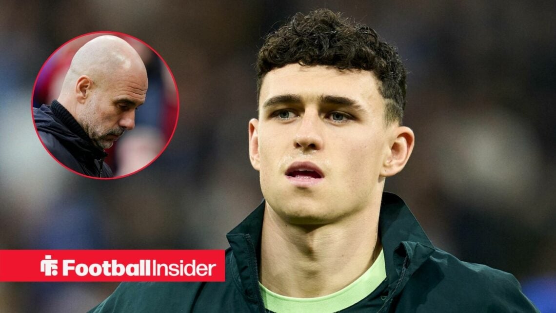 Phil Foden pre-match for Man City, with Pep Guardiola in a circular inset