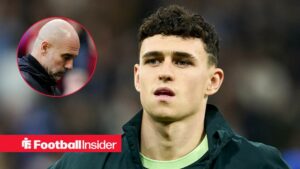 Phil Foden pre-match for Man City, with Pep Guardiola in a circular inset