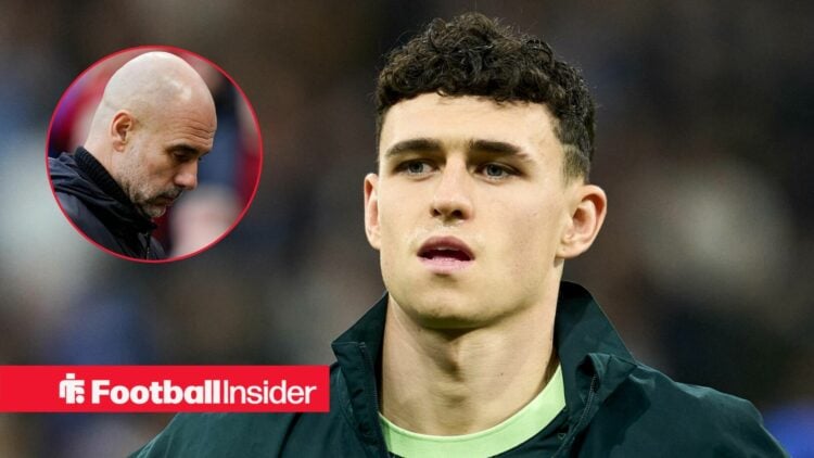 Phil Foden pre-match for Man City, with Pep Guardiola in a circular inset