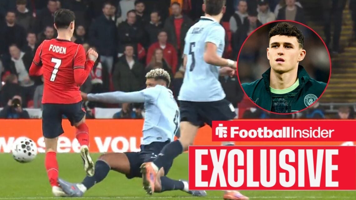 Ronald Araujo crunches into a challenge on Man City star Phil Foden on 27 March, 2026 / Phil Foden of Manchester City FC during the UEFA CHAMPIONS ...