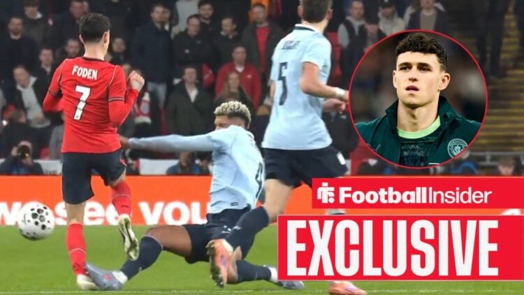 Ronald Araujo crunches into a challenge on Man City star Phil Foden on 27 March, 2026 / Phil Foden of Manchester City FC during the UEFA CHAMPIONS ...