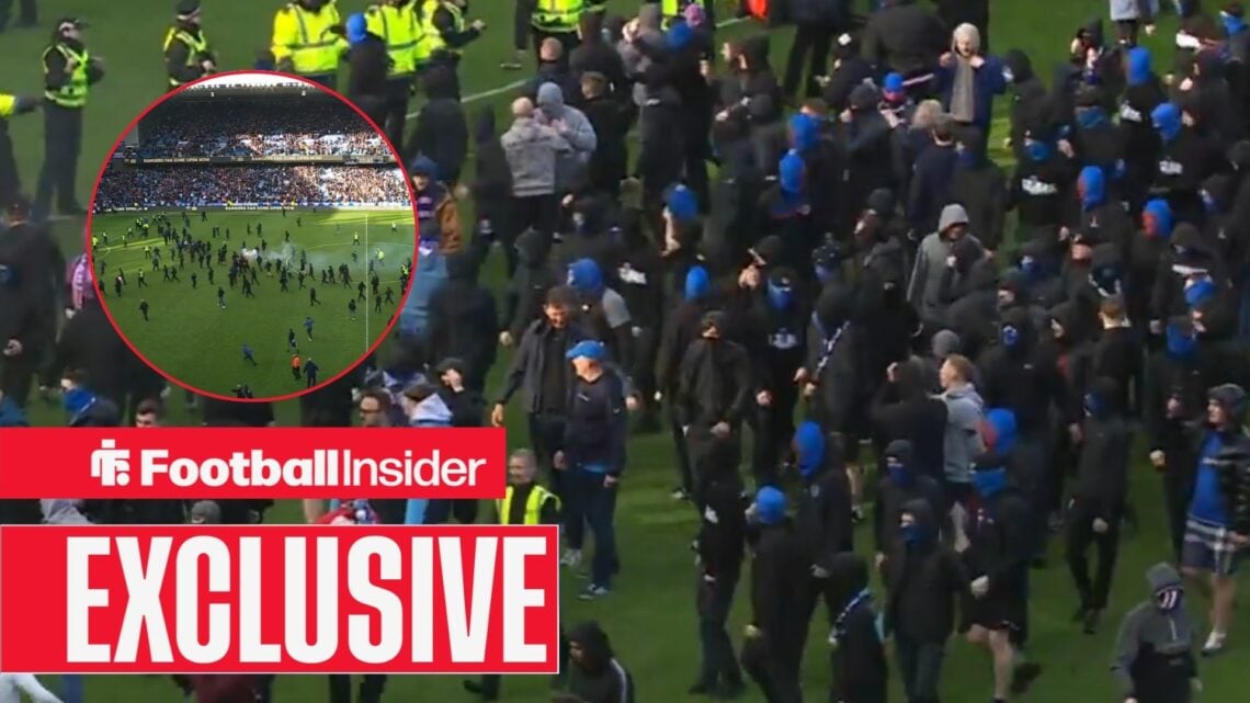 Rangers fans spill onto the Ibrox pitch after Scottish Cup defeat to Celtic on 8 March, 2026