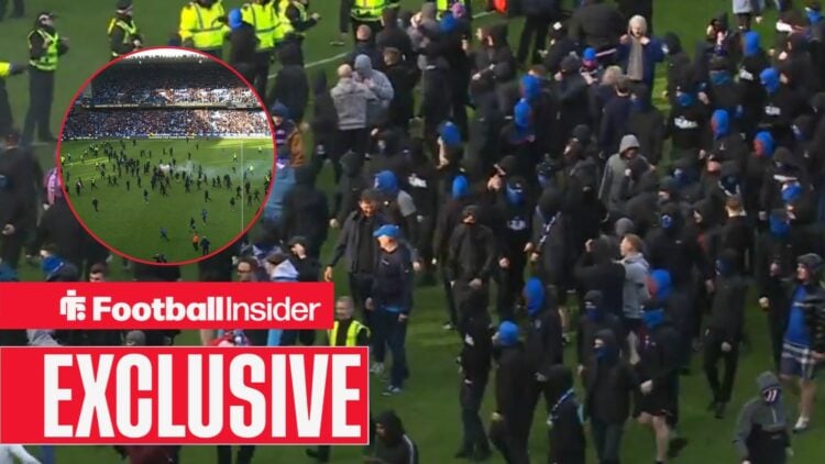 Rangers fans spill onto the Ibrox pitch after Scottish Cup defeat to Celtic on 8 March, 2026