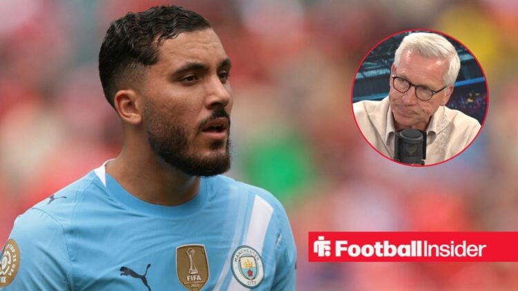 Manchester City forward Rayan Cherki in action during a game, as Alan Pardew features in a circular inset.