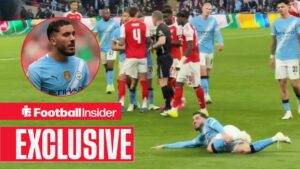 Rayan Cherki feigns injury in Arsenal vs Man City at Wembley Stadium on 22 March, 2026