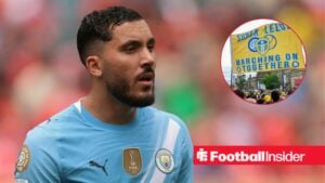Manchester City forward Rayan Cherki in action during a game, as a Leeds United flag features in a circular inset.