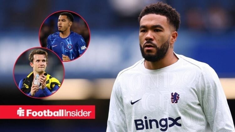 Reece James of Chelsea warms up before the Chelsea vs Burnley Premier League match at Stamford Bridge, London / Chelsea's Ben Chilwell applauds the...