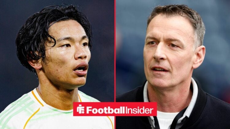 Celtic midfielder Reo Hatate stares across a split image towards Chris Sutton.