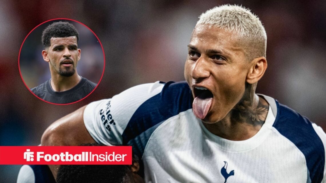 Tottenham striker Richarlison sticks his tongue out while celebrating a goal, as Dominic Solanke features in a circular inset.