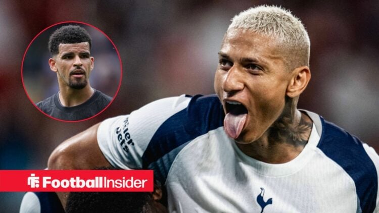 Tottenham striker Richarlison sticks his tongue out while celebrating a goal, as Dominic Solanke features in a circular inset.