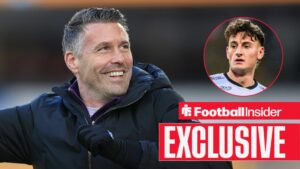 Football Insider exclusive as Wolves manager Rob Edwards smiles after a game, while Silas Andersen features in a circular inset.