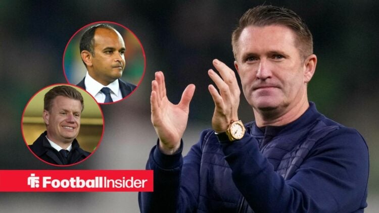 Ferencvaros manager Robbie Keane applauds, as Tottenham chief executive Vinai Venkatesham and sporting director Johan Lange feature in circular ins...