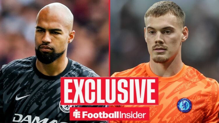 Football Insider exclusive as C helsea goalkeepers Robert Sanchez and Filip Jorgensen look concerned on either side of a split image.