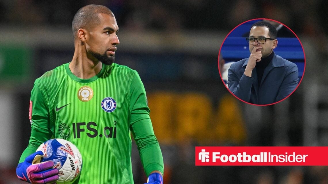 Robert Sanchez of Chelsea during the Emirates FA Cup Fifth Round match at the STÅK Racecourse, Wrexham 07/03/2026 / Liam Rosenior Manager of Chelse...