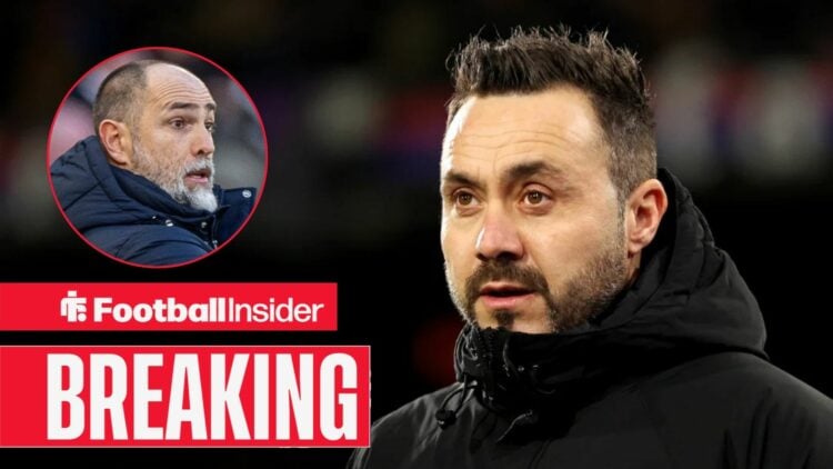 Roberto De Zerbi on the sidelines, with Igor Tudor in a circular inset