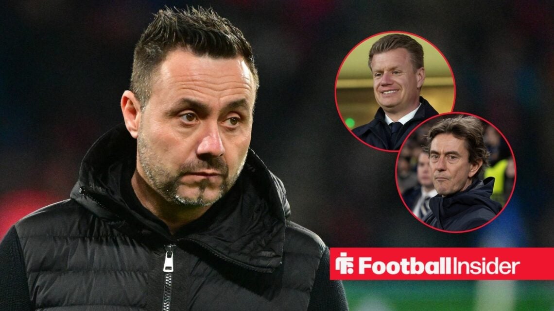 Tottenham manager Roberto De Zerbi stares towards a pair of circular insets, which feature Johan Lange and Thomas Frank.