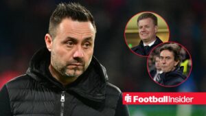 Tottenham manager Roberto De Zerbi stares towards a pair of circular insets, which feature Johan Lange and Thomas Frank.