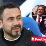 Roberto De Zerbi in the dugout at Brighton, with Sir Jim Ratcliffe and Vinai Venkatesham in circular insets