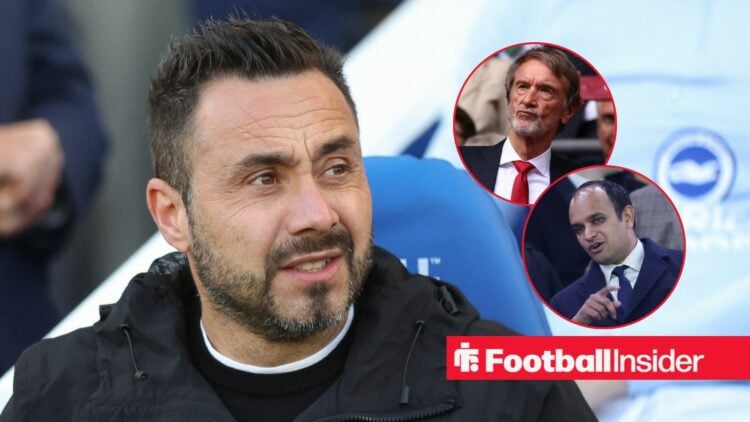 Roberto De Zerbi in the dugout at Brighton, with Sir Jim Ratcliffe and Vinai Venkatesham in circular insets