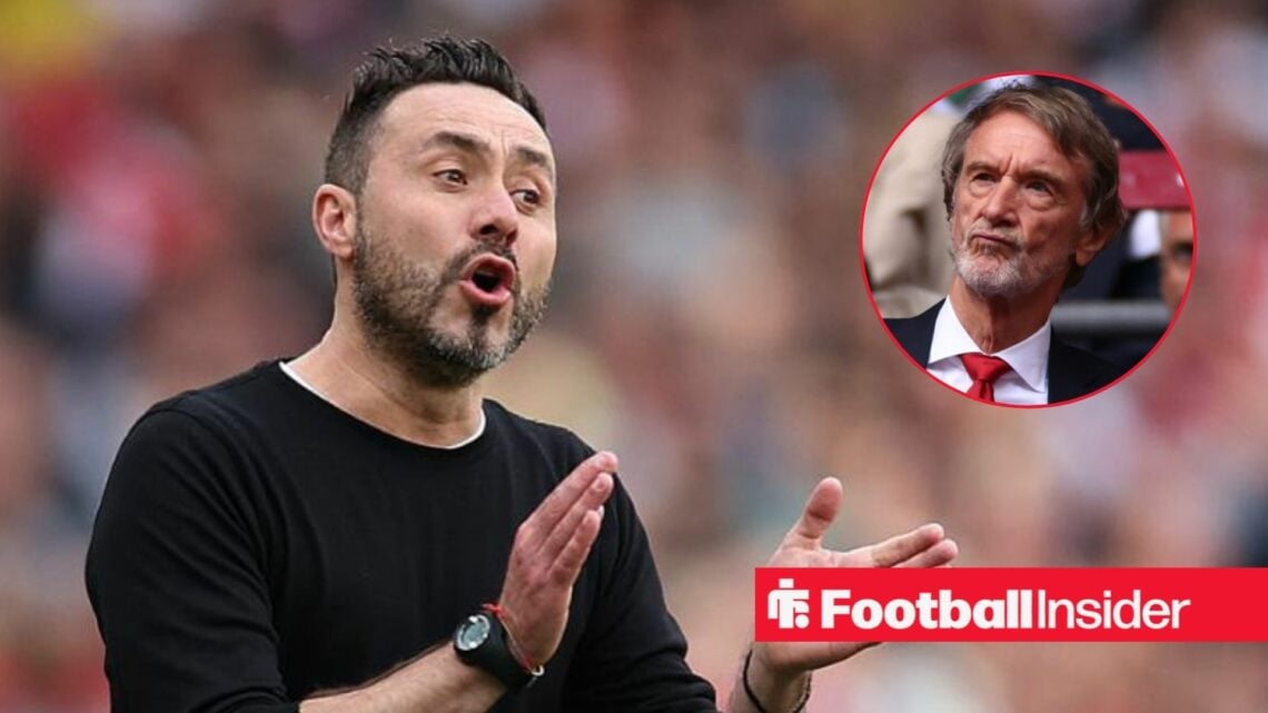 Roberto de Zerbi on the sidelines with Jim Ratcliffe in a circular inset